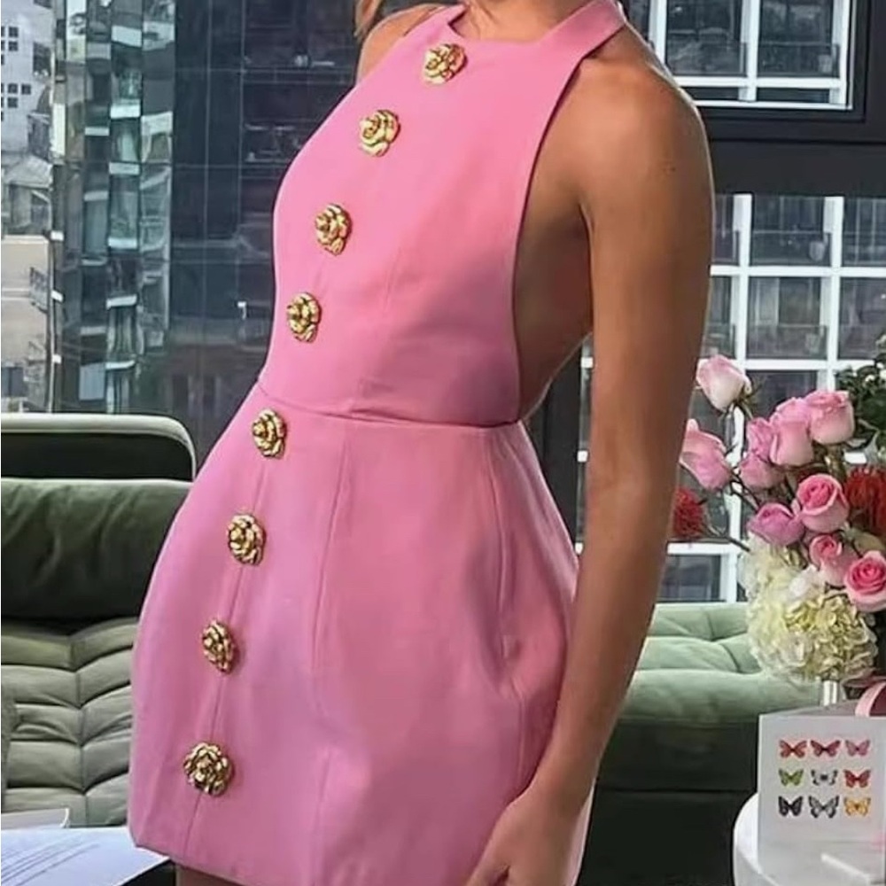 Elegant Pink Halter Dress with Gold Accents